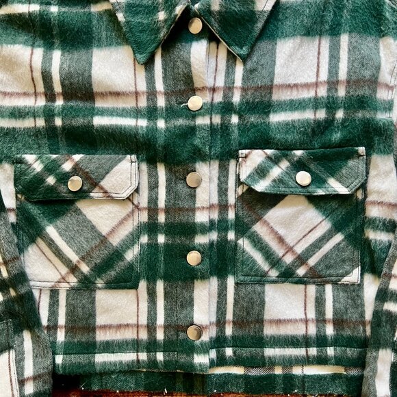 Zara Cropped Green and White Plaid Flannel Jacket, L - Picture 3 of 6